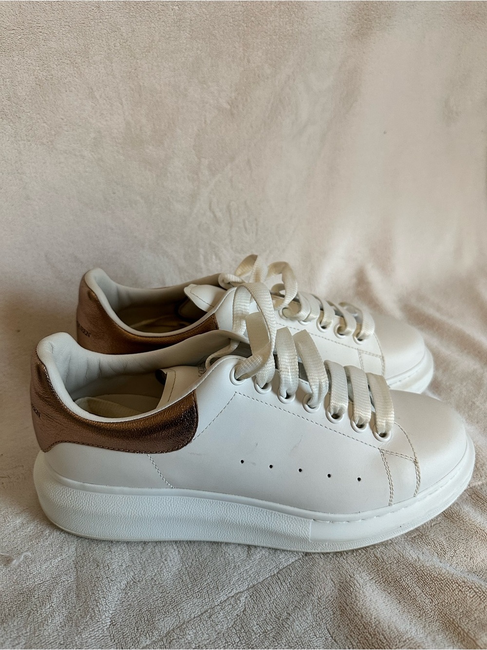 Alexander McQueen White Leather Sneakers with Bronze Heel